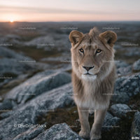 Majestic Lion Standing on Rocky Terrain at Sunset