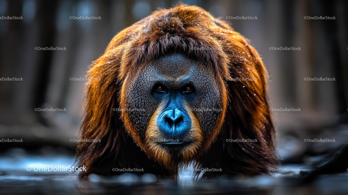 Majestatyczny orangutan z uderzająco niebieską twarzą na wolności