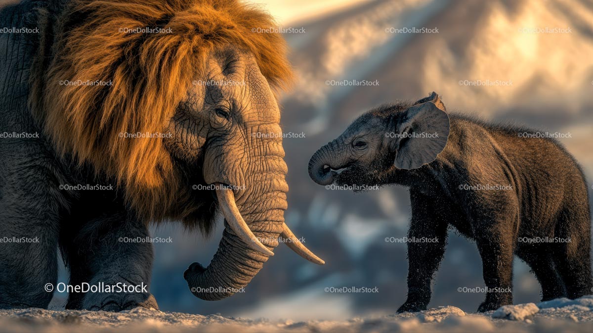 Majestatyczny mamut i mały słoń w śnieżnej tundrze