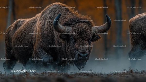 Majestic Bison in Misty Autumn Forest Scene