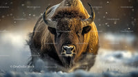 Powerful Bison Running Through Snowy Landscape