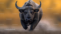 Charging African Buffalo in Dusty Landscape