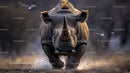Majestic Rhinoceros Charging through the Dusty Savannah