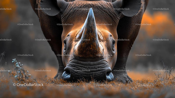 Close-Up of Rhino Grazing in Autumn Landscape