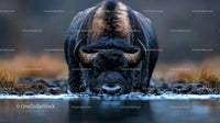 Majestic Bison Grazing Near Tranquil Waters Edge