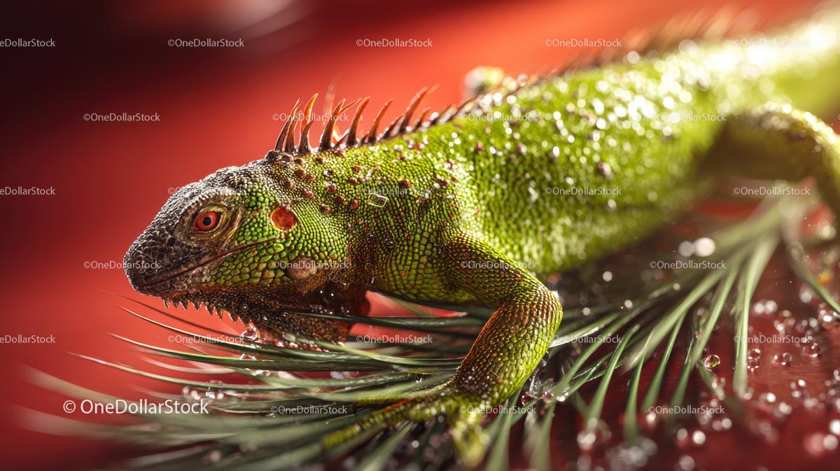 Żywa zielona iguana na czerwonym tle