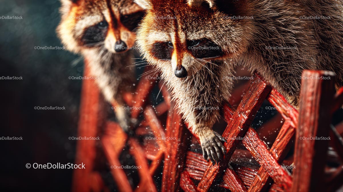Curious Raccoons Exploring a Red Fence
