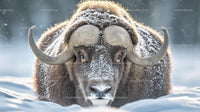 Musk Ox Facing Forward Amidst Snowy Backdrop