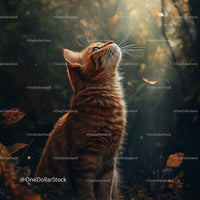 Ginger Cat Gazing Upward in Sunlit Forest