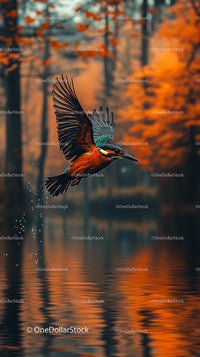 Kingfisher Soaring Over Reflective Autumn Waters