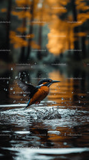 Kingfisher in Flight Over Water with Autumn Background