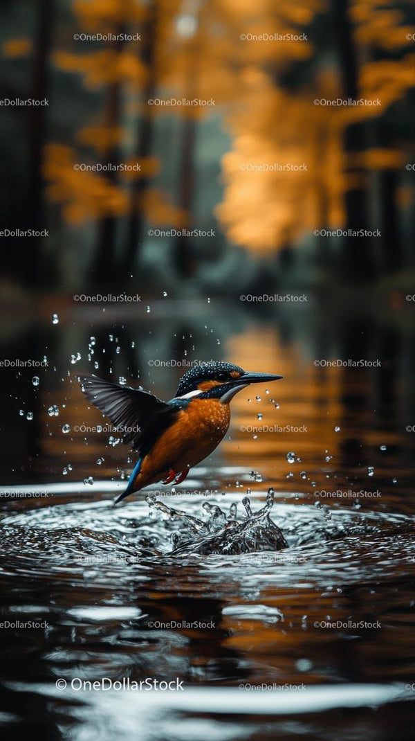 Kingfisher in Flight Over Water with Autumn Background