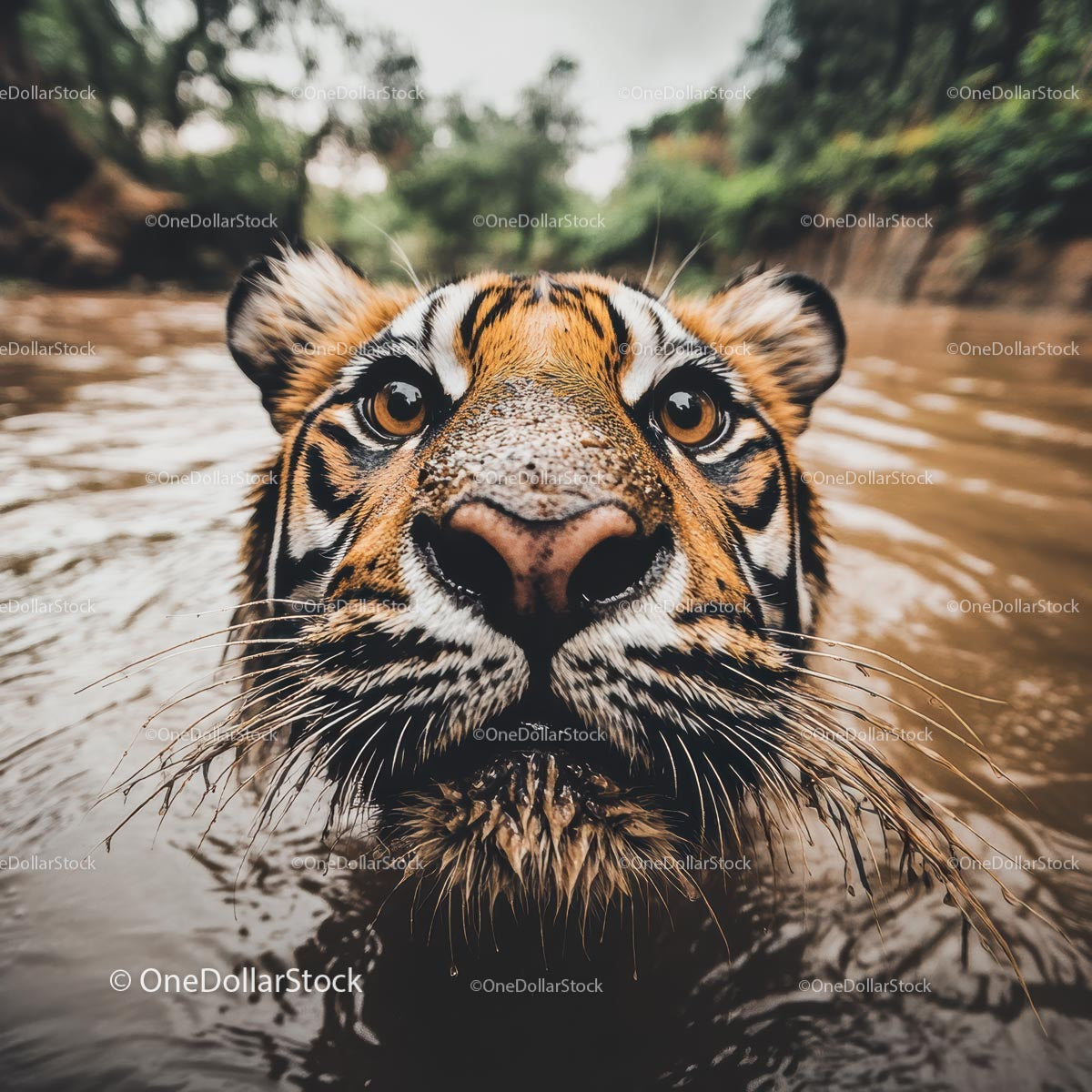 Bengal Tiger Peering Curiously from River Waters