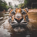 Majestic Tiger Swimming in a Jungle River