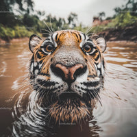 Close-Up of a Tiger Swimming in a River