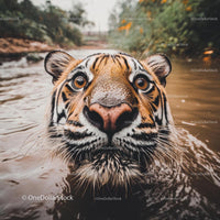 Close-Up of a Majestic Tiger Swimming in Natural Habitat