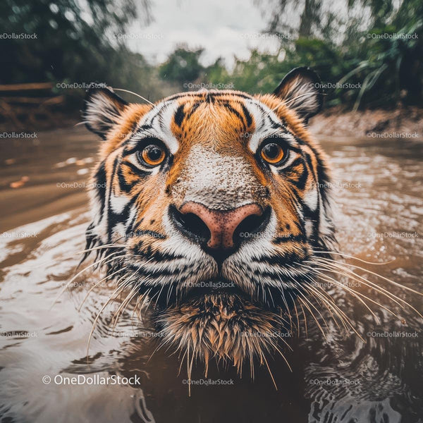 Majestic Tiger Swimming in Murky Water Close-Up