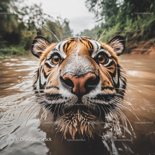 Bengal Tiger Emerges from Water with Intense Gaze
