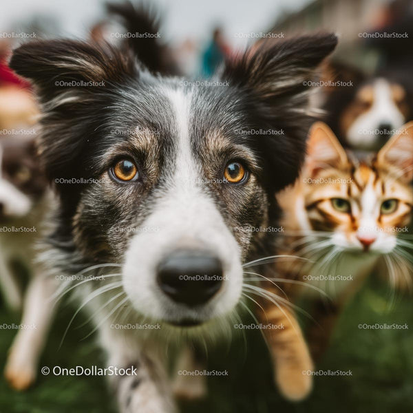 Close-Up of Curious Border Collie and Domestic Cat