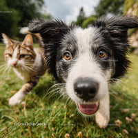 Playful Border Collie and Tabby Cat on a Sunny Day
