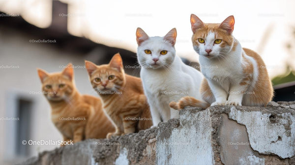 Four Ginger and White Cats Perched on Weathered Wall