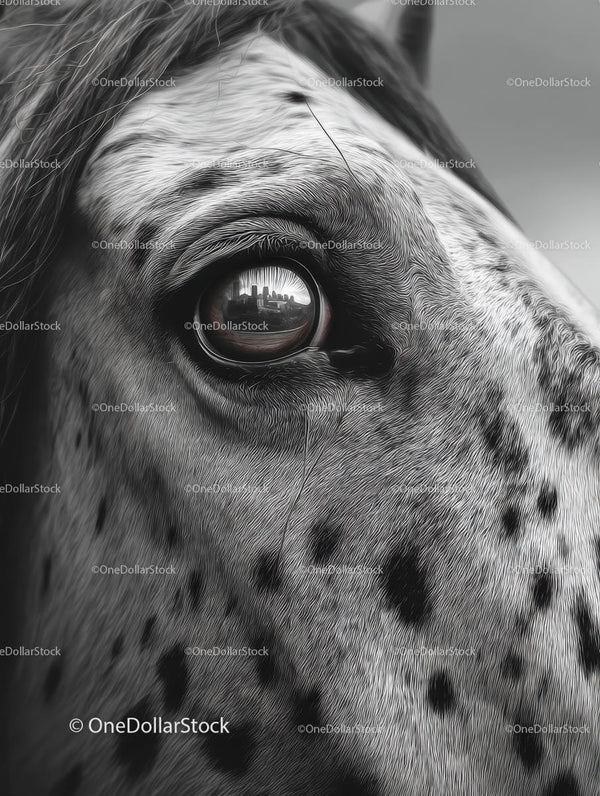 Close-Up of Spotted Horse Eye with Cityscape Reflection