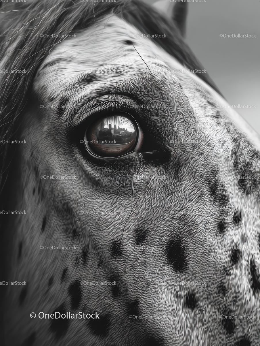 Close-Up of Spotted Horse Eye with Cityscape Reflection