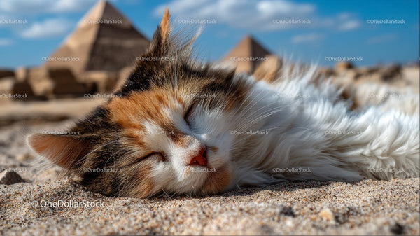 Calico Cat Relaxing Near Egyptian Pyramids