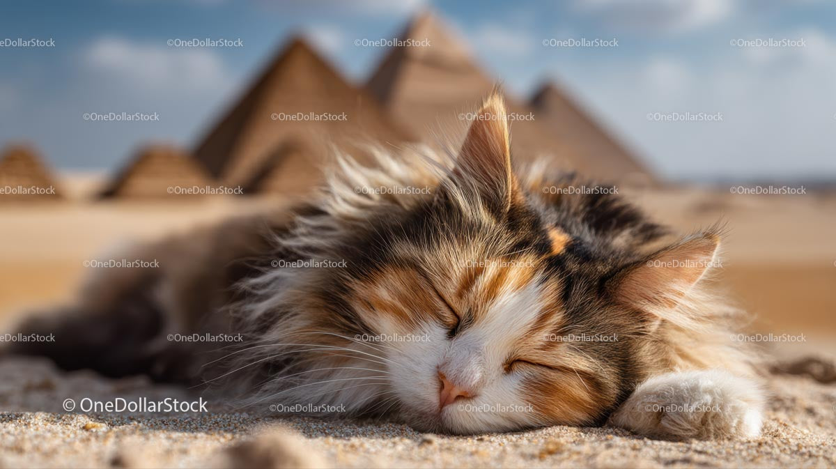 Calico Cat Spokojnie Odpoczywający Przy Piramidach Egipskich