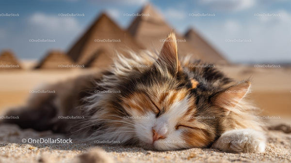 Calico Cat Resting Peacefully by Egyptian Pyramids