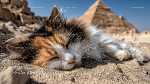 Calico Cat Napping Peacefully by Egyptian Pyramid