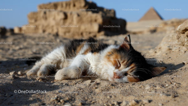 Calico Cat Sleeping Peacefully in Egyptian Desert