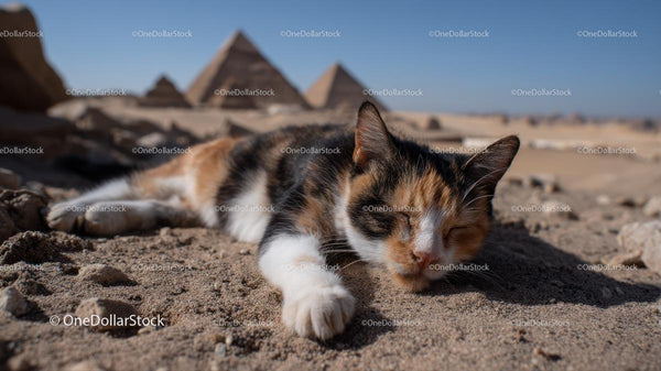 Calico Cat Sleeping by the Ancient Pyramids of Giza