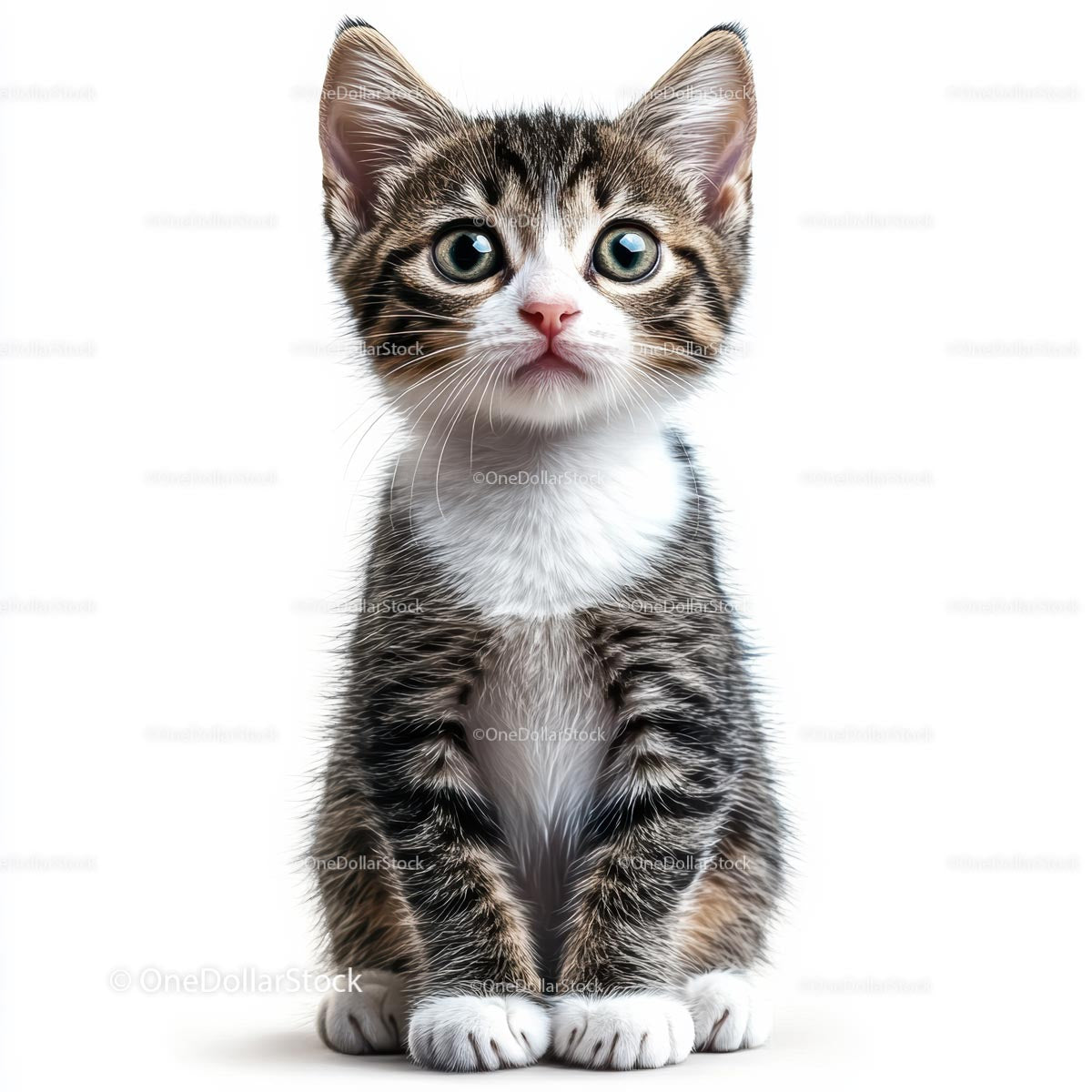 Adorable Tabby Kitten with Big Green Eyes on White Background
