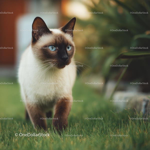Siamese Cat with Blue Eyes Walking on Green Grass