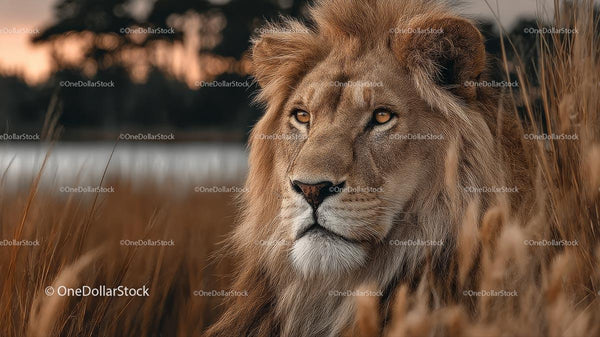 Majestic Lion Resting in Golden Savanna Landscape