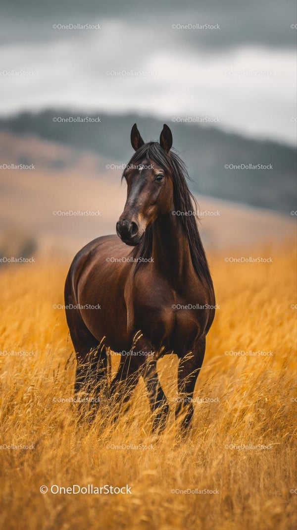Majestic Brown Horse in Golden Open Field