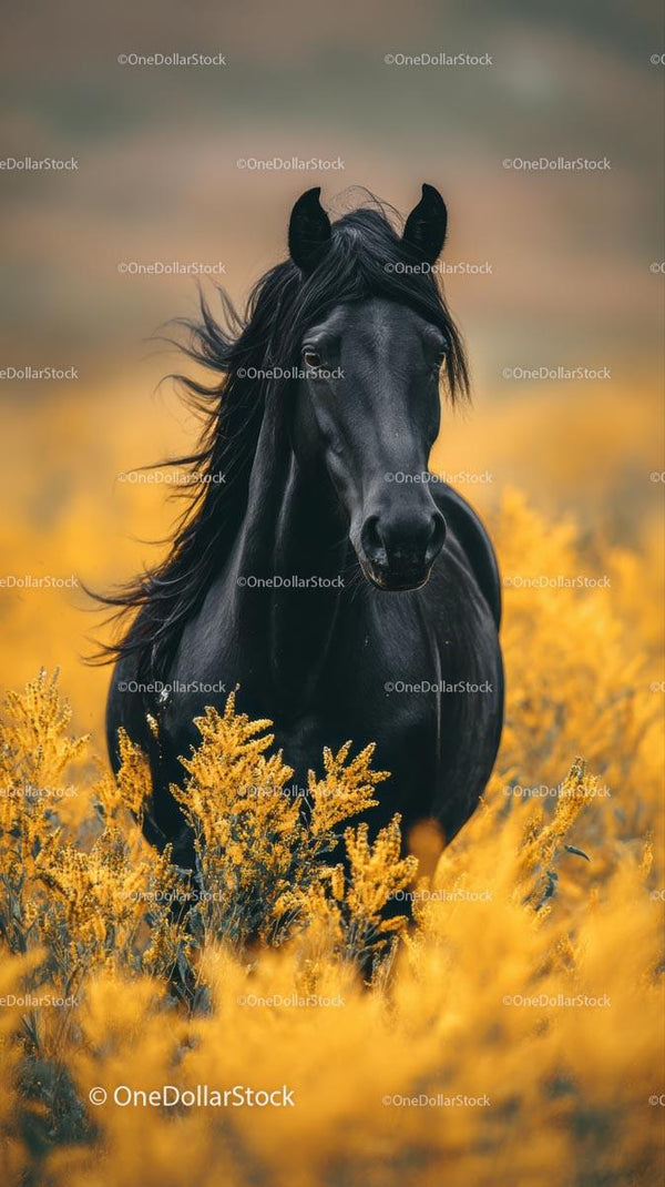 Majestic Black Horse in Vibrant Yellow Field