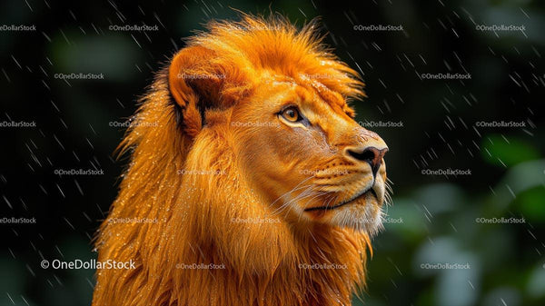 Majestic Lion in Rainy Jungle Setting