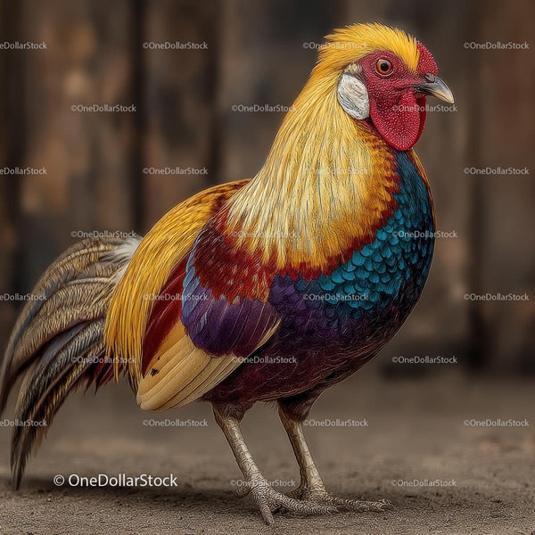 Vibrant Rooster with Multicolored Plumage in Rural Setting