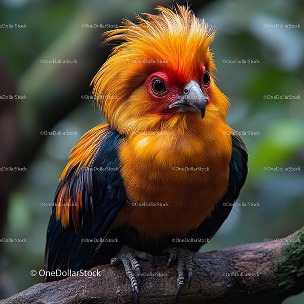 Vibrant Orange-Crested Bird Perched in Lush Jungle Setting