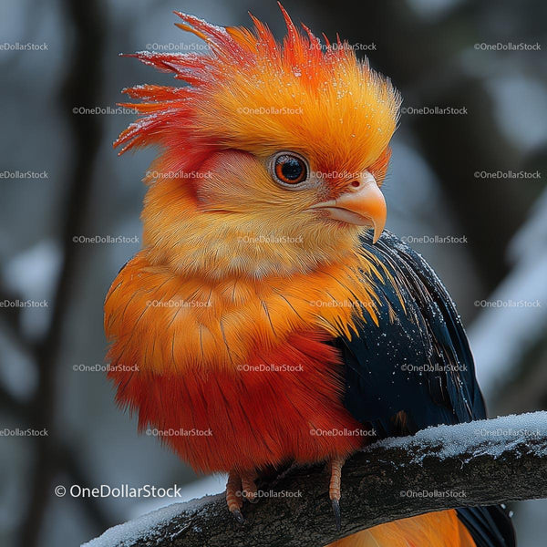 Vibrant Orange Bird Perched on Snowy Branch