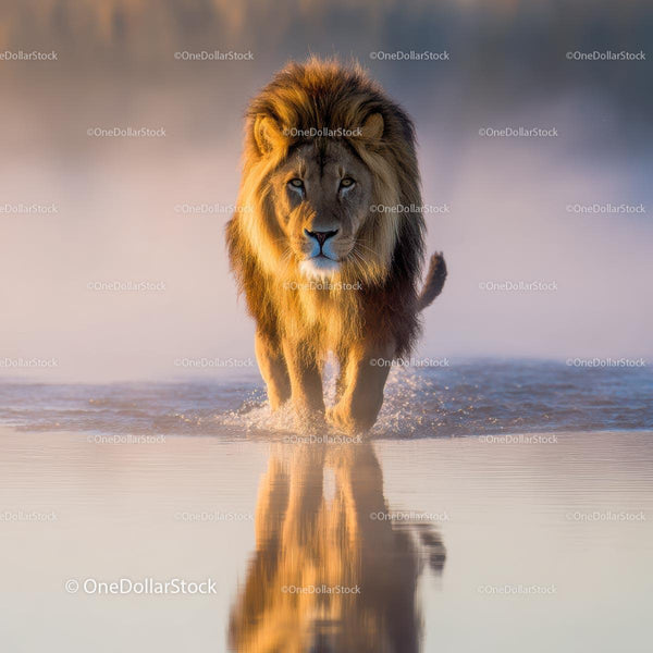 Majestic Lion Walking Through Misty Water at Sunrise