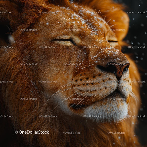 Majestic Lion Portrait with Snowflakes