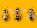 Close-Up of Three Honey Bees on Vibrant Yellow Background