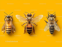 Close-Up of Three Honey Bees on Vibrant Yellow Background