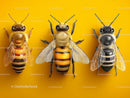 Three Honey Bees on Vibrant Yellow Background
