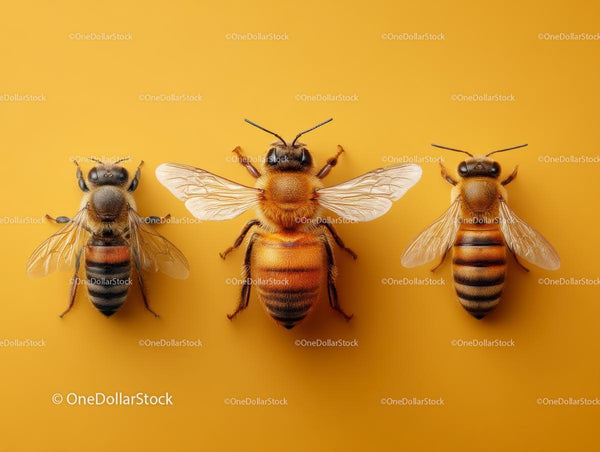 Three Honeybees on Vibrant Yellow Background