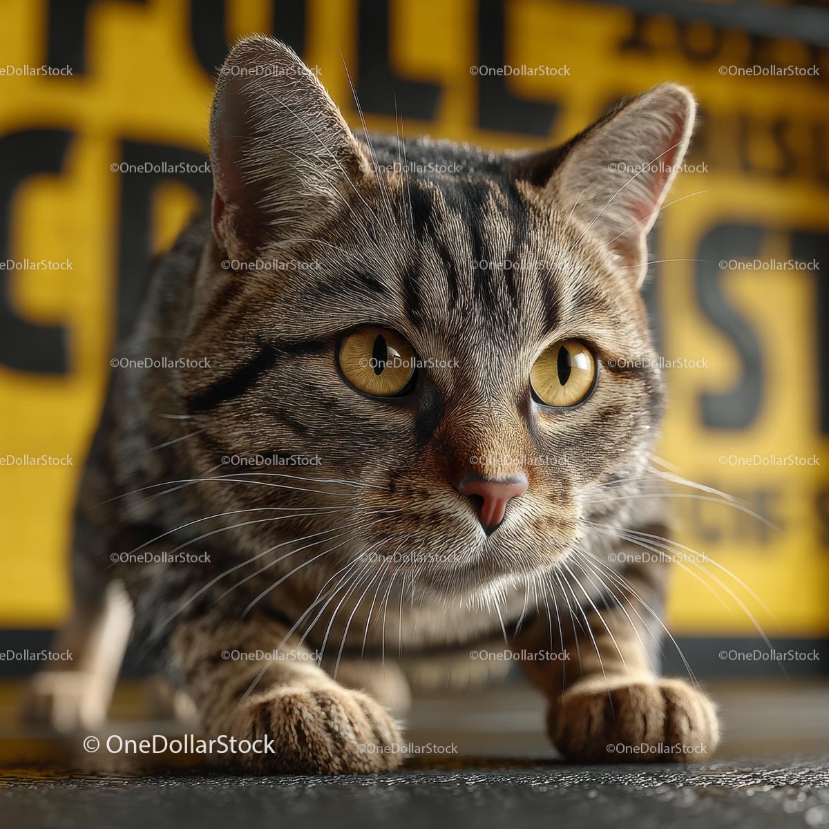 Close-Up of a Curious Tabby Cat with Yellow Eyes