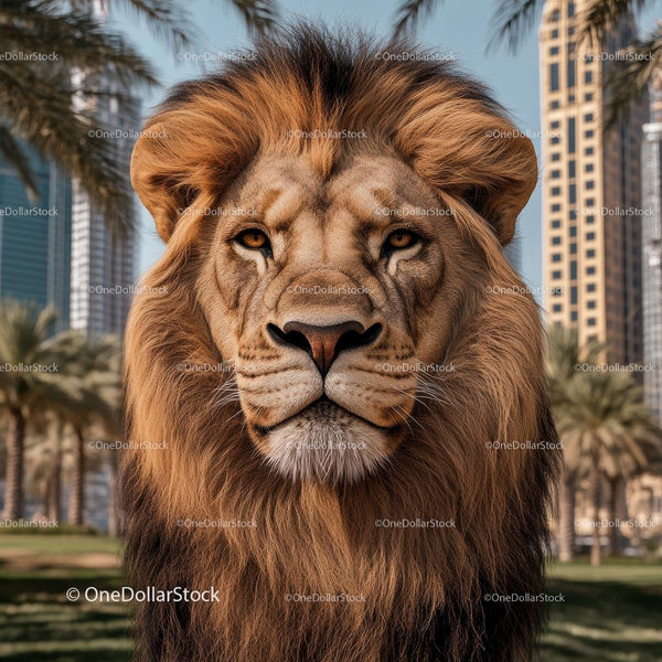 Majestic Lion in Urban Jungle Amidst Skyscrapers